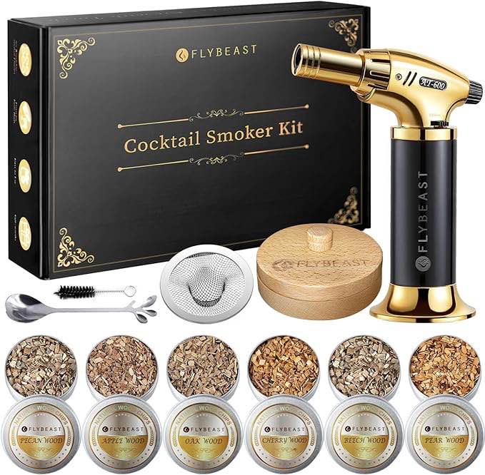 Cocktail Whiskey Smoker Kit with Torch 6 Flavor of Wood Chips for Bourbon Infuse Smoked Drink Old Fashioned Birthday for Men Husband Dad Boyfriend