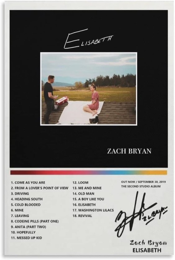 Zach Bryan Poster Elisabeth Album Poster Decorative Painting Canvas Wall Posters And Art Picture Print Modern Family Bedroom Decor Posters 8 x10 inch Unframed