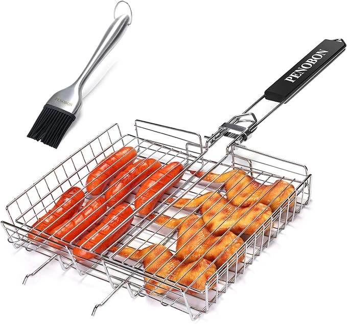 penobon Fish Grilling Basket, Folding Portable Stainless Steel BBQ Grill Basket for Fish Vegetables Shrimp with Removable Handle, Come with Basting Brush and Storage Bag (02)