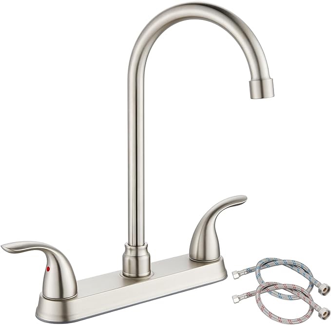 Kelmuel Kitchen Faucet,Brushed Nickel 8 Inch Kitchen Sink Faucet,Stainless Steel 360 Swivel Spout Centerset 3 Hole Faucet for Kitchen RV