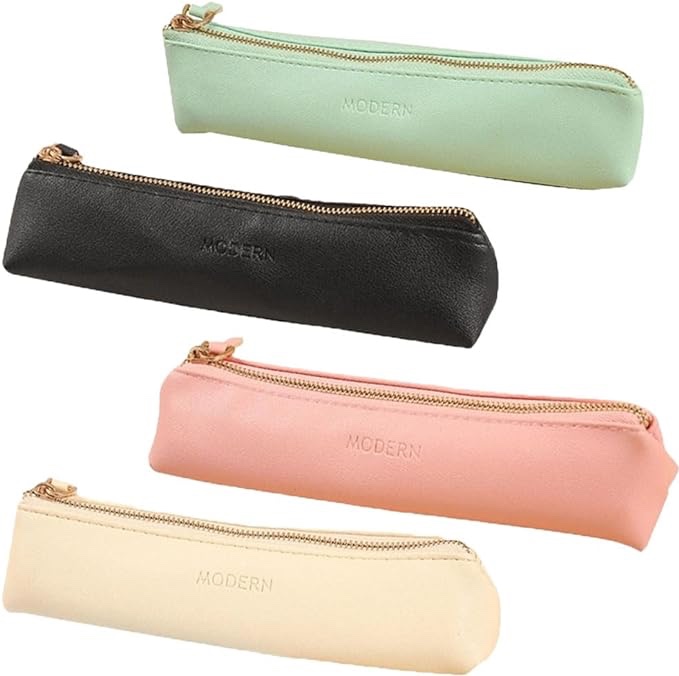 Leadigol Set of 4 Slim PU Leather Pencil Pouch, Small Pen Pencil Stationery Pouch Bag, Waterproof Zipper Cosmetic Bag for Women & Girls