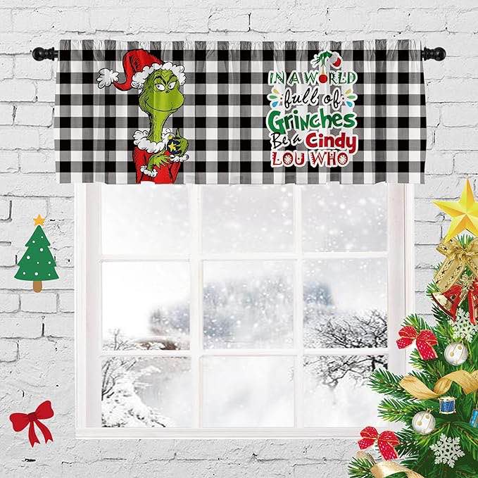 Buffalo Christmas Holiday Kitchen Curtain Valances - Festive Black and White Xmas Window Valances with Rod Pocket - Short Curtains for Bathroom and Laundry Decoration - 52x18 inch