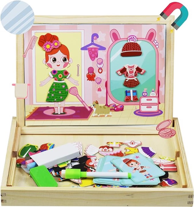 Wooden Magnetic Double-Sided Art Easel Black Board Puzzle with Storage Box for Kids  (Dressing Up)