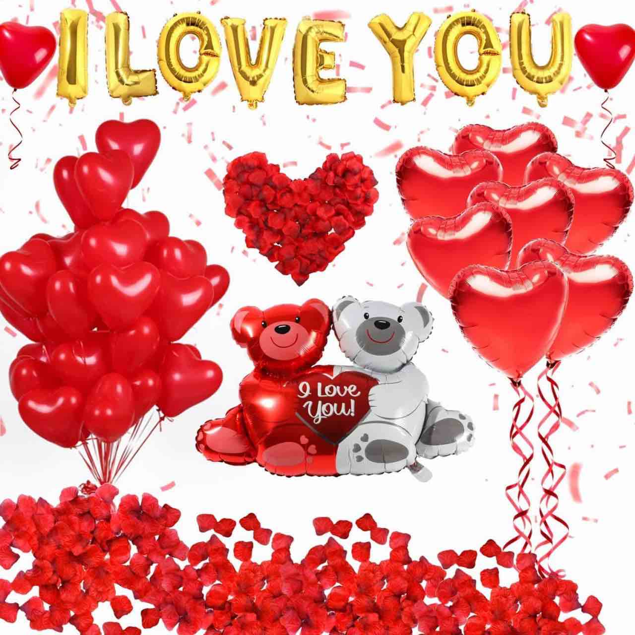 Love Balloons and Heart Balloons Kit with 1000 Dark-Red Rose Petals Valentine's Day Flower Decoration Love-Bear Red Heart Balloon (Giant Bear +I Love You 22pcs)