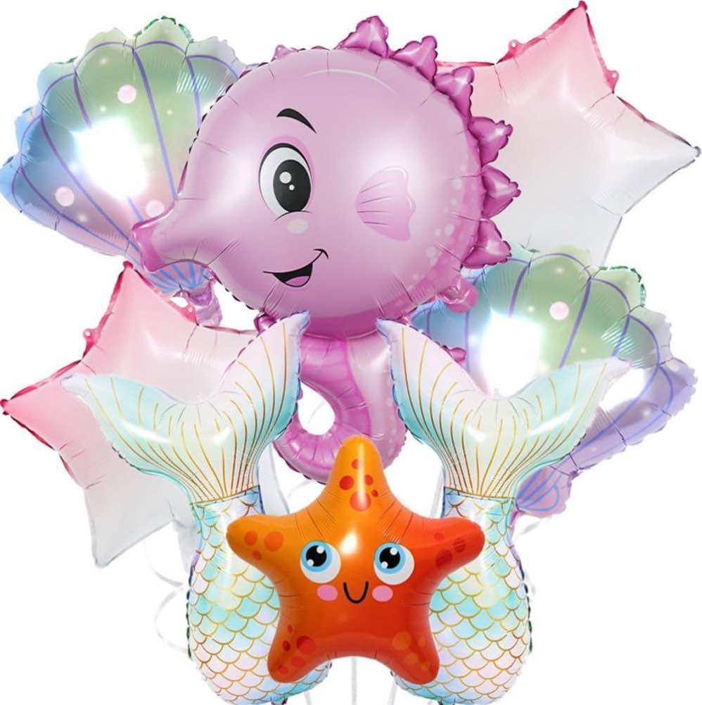 Under The Sea Theme Birthday Party Decoration - Ocean Animal Foil Balloon Pack with Sea Star, Seahorse, Octopus, Coconut Tree & Lobster (Pink Sea Hoose)