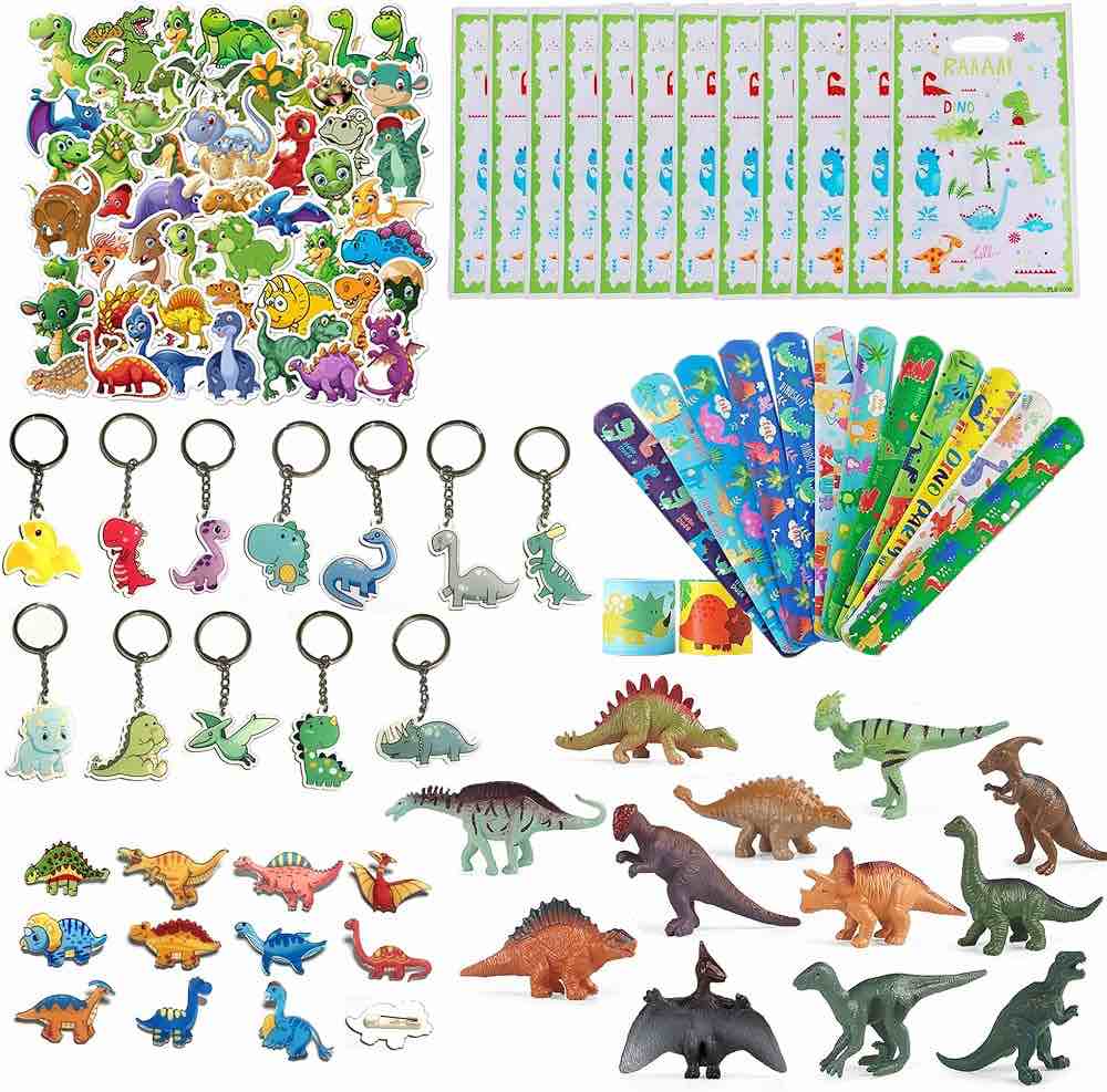 Nuyoach Dinosaur Party Gift Kids Birthday Guest Gifts Decoration, Dino Figures Masks Bracelets, Tattoo Kids Stickers Cake Topper Stamp Keychain Gift Bag Girls Boys