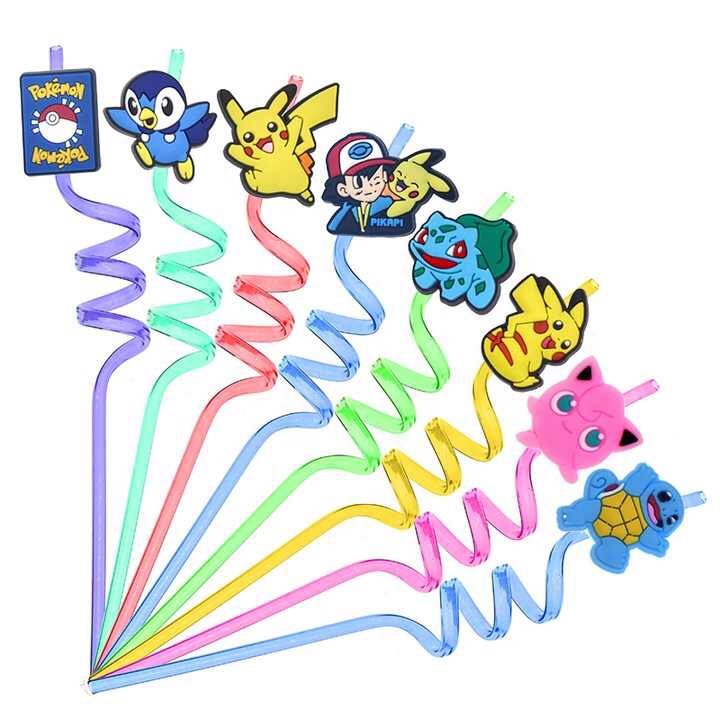 24 Pcs Cartoon Party Favor Straws, Reusable Drink Shaped Straws with 6 Random Cartoon Decoration Designs, Perfect for Birthday Halloween Theme Party Decoration, with 2 Cleaning Brushes