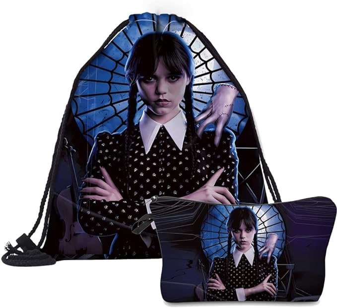 MRSP Wedneaday 2pcs Set Drawstring Backpack Camping Travel Party Sport Training Beach Gym Bag, Blue, One Size, Drawstring Bag