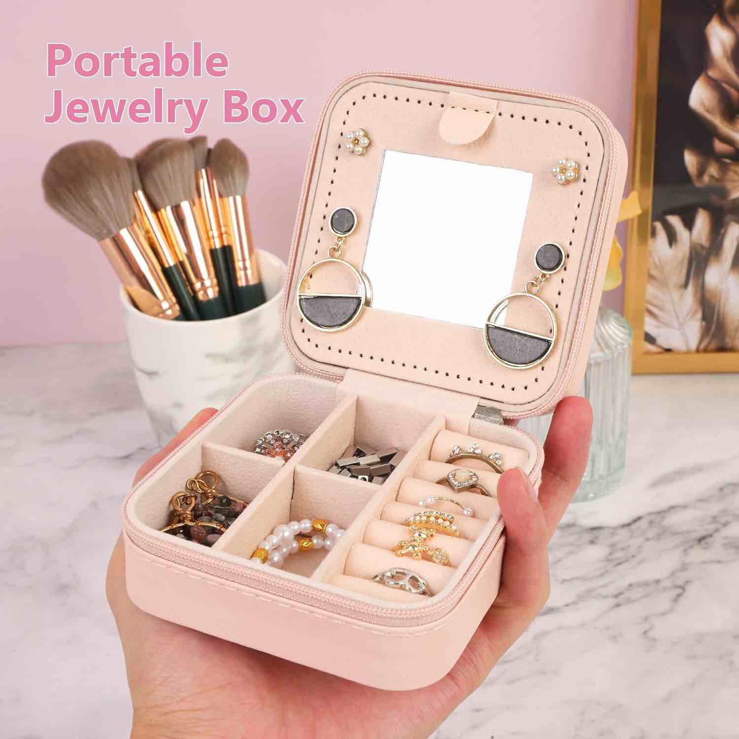 Funny Jewelry Dressing Case,Portable Mini Travel jewelry Storage Boxes,for mother,aunt and Boss's Thanksgiving Day or Christmas Birthday Gift,Pink Jewelry Organizer Travel Zipper Box with Mirror