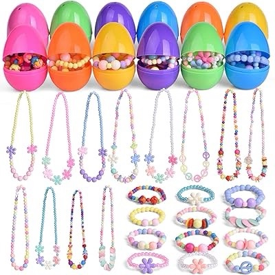 12 PCs Jewelry Necklace Bracelet Prefilled Easter Eggs, Easter Basket Stuffers for Toddlers, Girls Toys Party Favors for Easter Egg Fillers