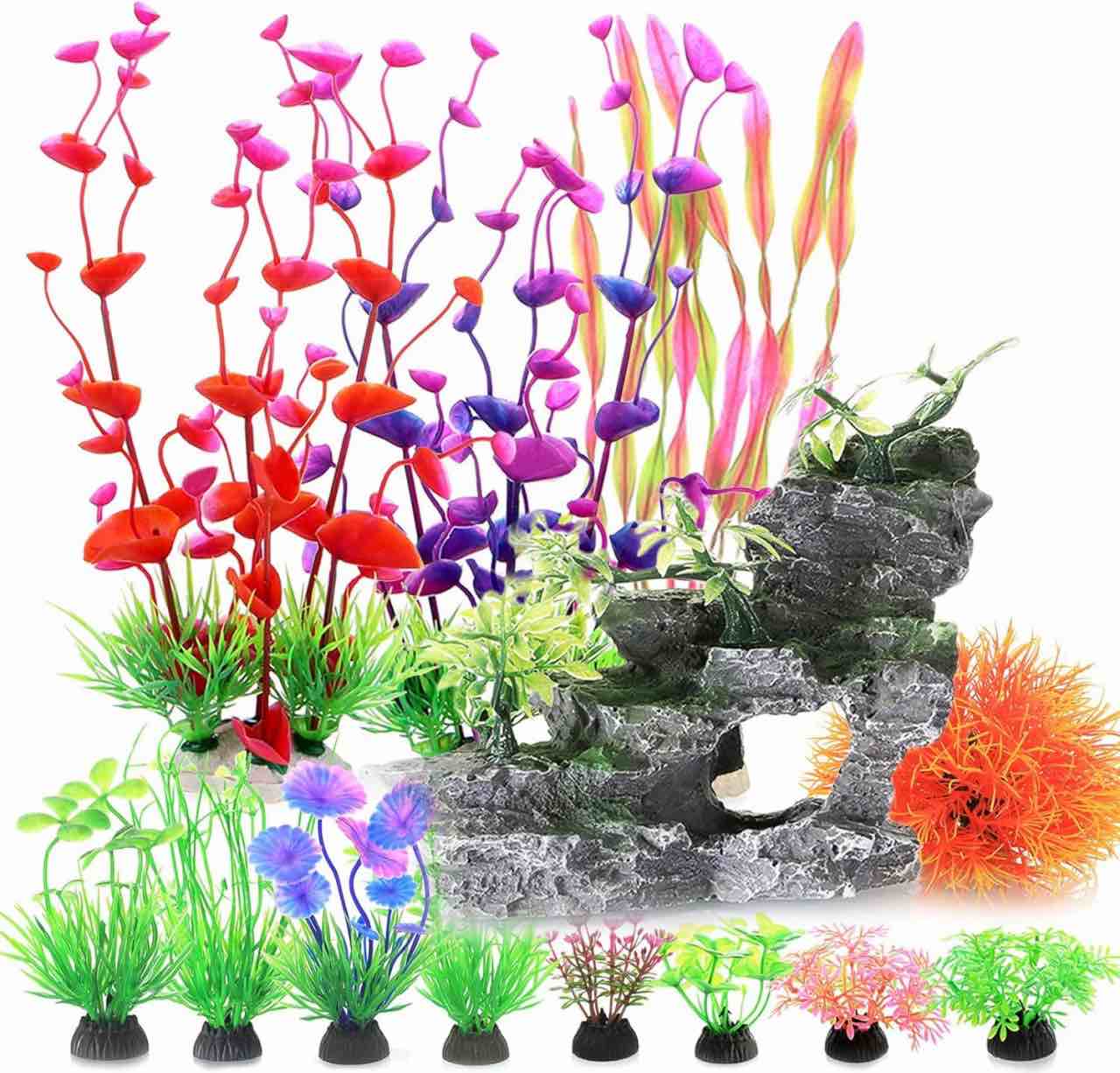 FANJURNEY Fish Tank Accessories Plants Aquarium Decorations Rock Plants, 11PCS Fish Tank Decorations Fish Tank Artificial Plastic Plants Colorful Fish Tank Decor Plants, Small to Large