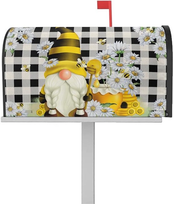 Spring Bee Gnome Magnetic Mailbox Covers 18" X 21", Honey Daisy Farmhouse Summer Flower Mailbox Wraps Standard Size Buffalo Plaid Post Letter Box Cover for Garden Yard Home Patio Decor