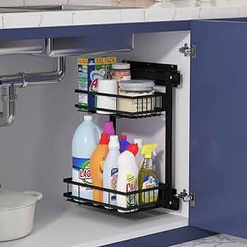 Under Sink Organizers and Storage, Pull-out Closet Organizer with Removable Basket 2-Tier Adjustable Height, Under Sink Organizer for Bathroom, Kitchen and Pantry