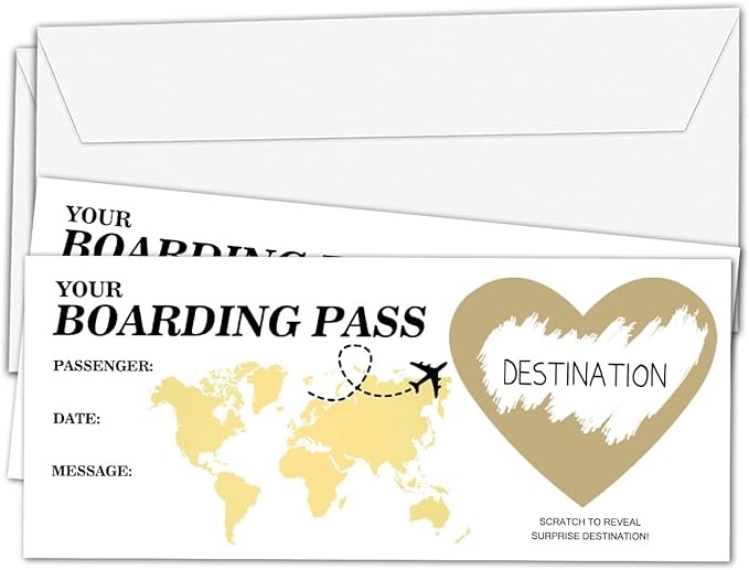 Scratch Off Boarding Pass, Gold Surprise Reveal Cards (2 Set), Surprise Trip Travel Gifts for Holiday, Christmas, Birthday, Wedding, Anniversary, Party Supply-A02