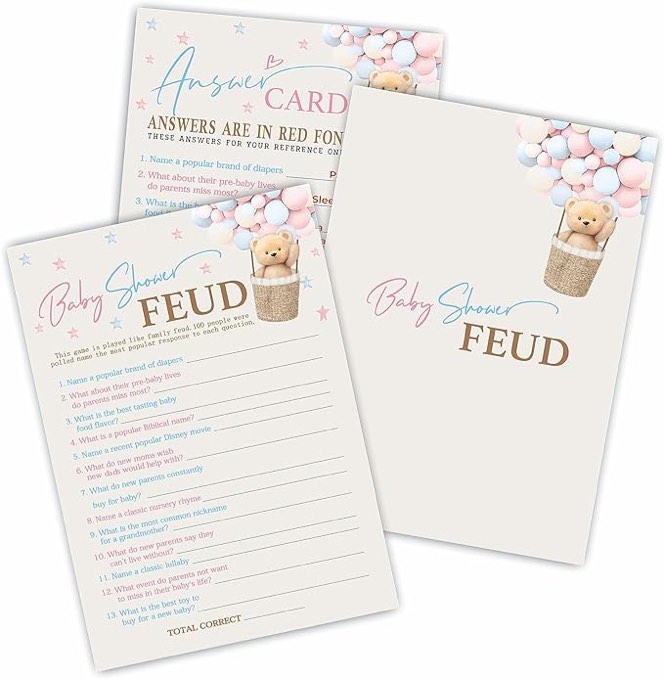 30 Baby Shower Feud Game - 5"X7" Bear Hot Air Balloon Style Game Cards & 1 Answer Cards, Gender Reveal Party & Activity - Gender Neutral Boys And Girls - Baby Shower Party Favors And Decorations-D05