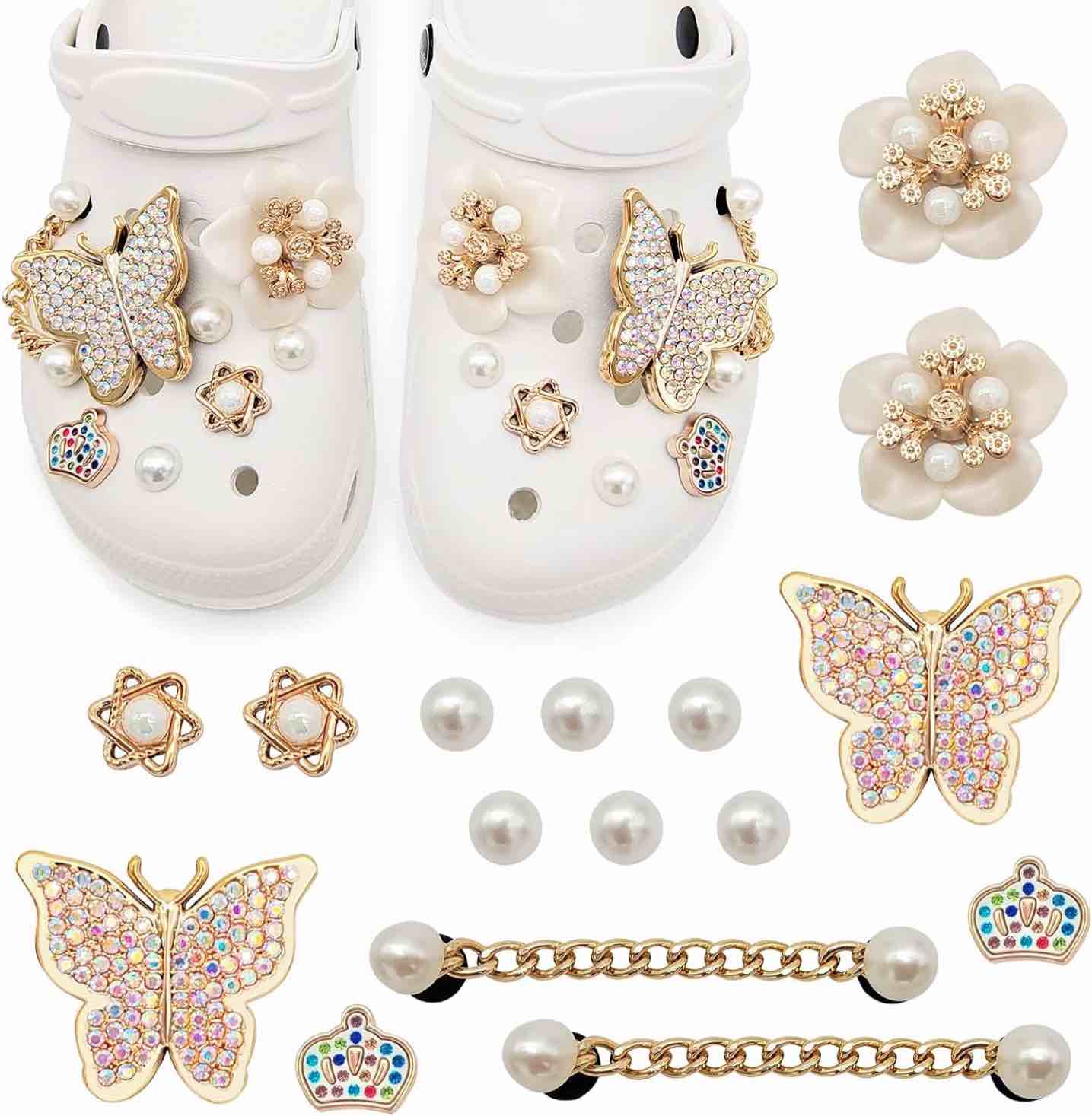 Etomiel Bling Shoe Charms for Girls Women, Designer Jewelry Shoe Charms Pearl Diamond Chain Shiny Butterfly Flower Charms Decoration, Gold Chrams Accessories Clog Sandals Chains for Shoe Decoration