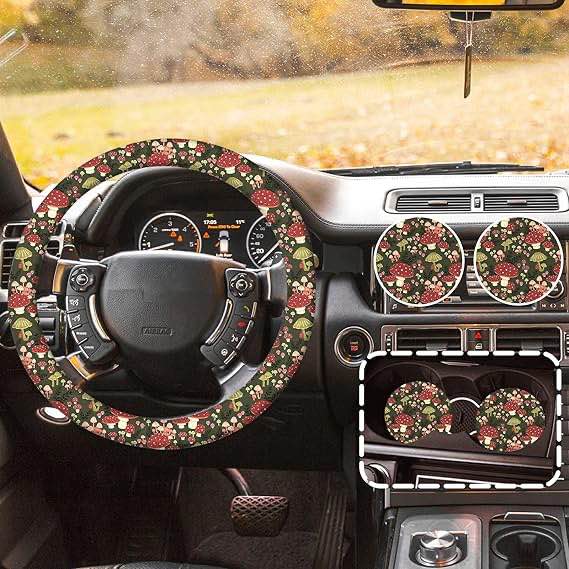 Mushroom Steering Wheel Cover with 2Pcs Car Coasters for Women, Universal 14.5-15 inches Mushroom Cute Steering Wheel Cover Green Fashion Car Accessories for Women Men