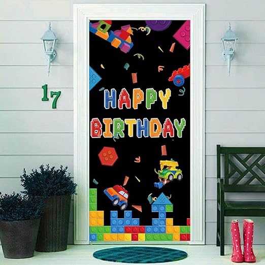 NOROUOV 35.4''x72.8'' Colorful Building Blocks Happy Birthday Entrance Hall Banner Photo Background Kids Party Baby Shower Decorations Backdrop Supplies