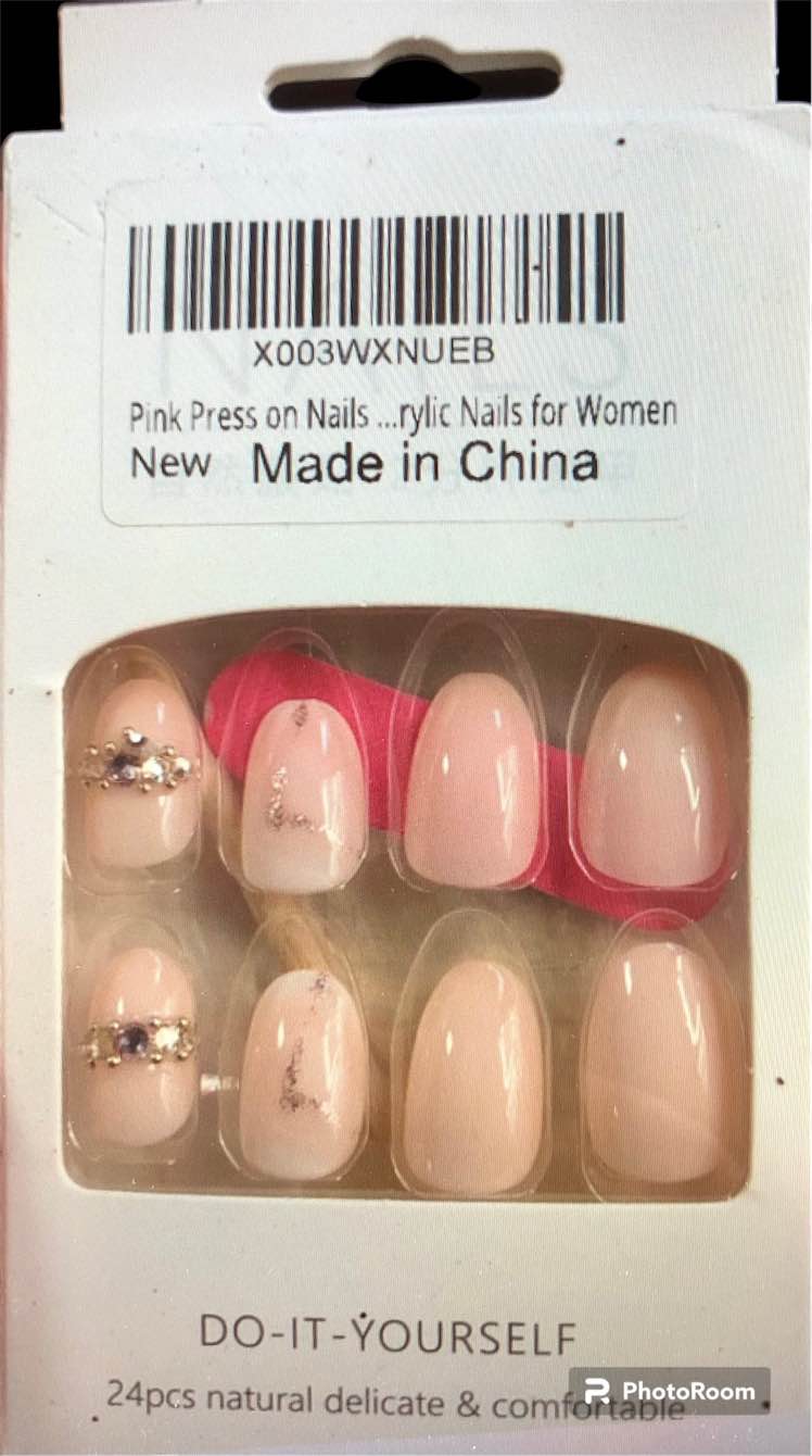 Pink Press on Nails Medium Almond Fake Nails with Rhinestones Design Pink Glitter Full Cover Glue on Nails Glossy Acrylic Nails for Women
