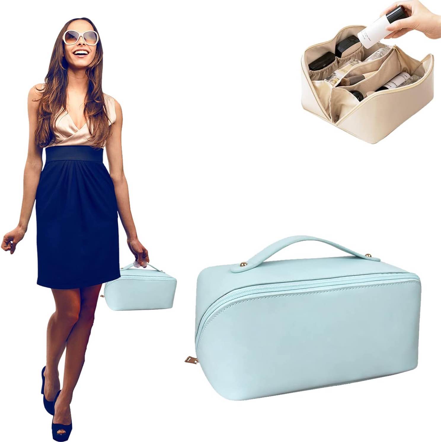 Audeal Large Capacity Travel Cosmetic Bag, Multifunctional Storage Makeup Bag PU Leather Makeup Bag, with Handle and Divider Travel Cosmetic Bags for Women