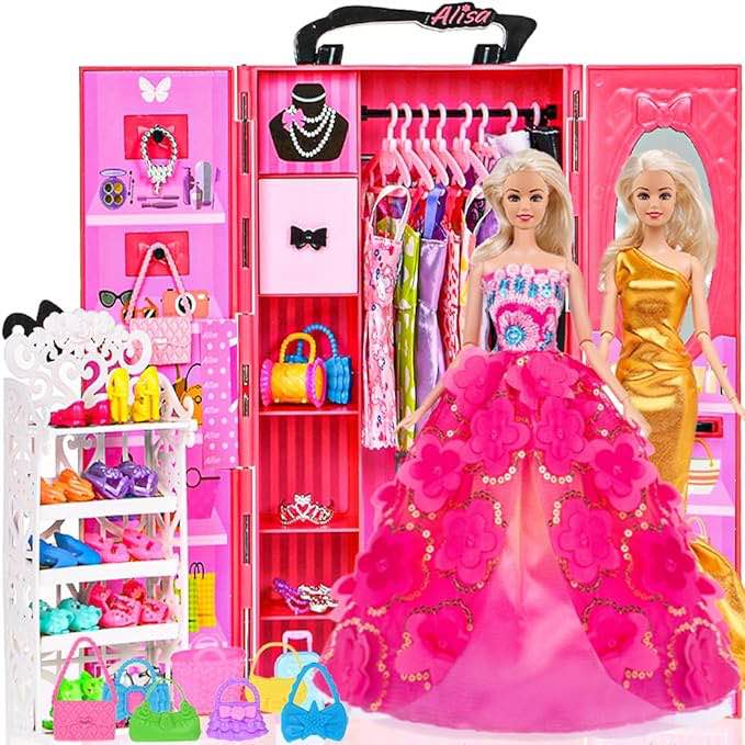 87 Pcs Doll Closet Wardrobe Set Dream Closet Playest Doll Clothes and Accessories for 11.5 Inch Girl Doll Including Wardrobe,Shoes Rack,Dress,Shoes Hangers,Necklace and Other Accessories(No Doll)