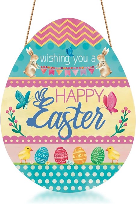 Easter Door Sign, Easter Egg Rabbit Hanging Decorations, Colorful Easter Welcome Sign for Front Door