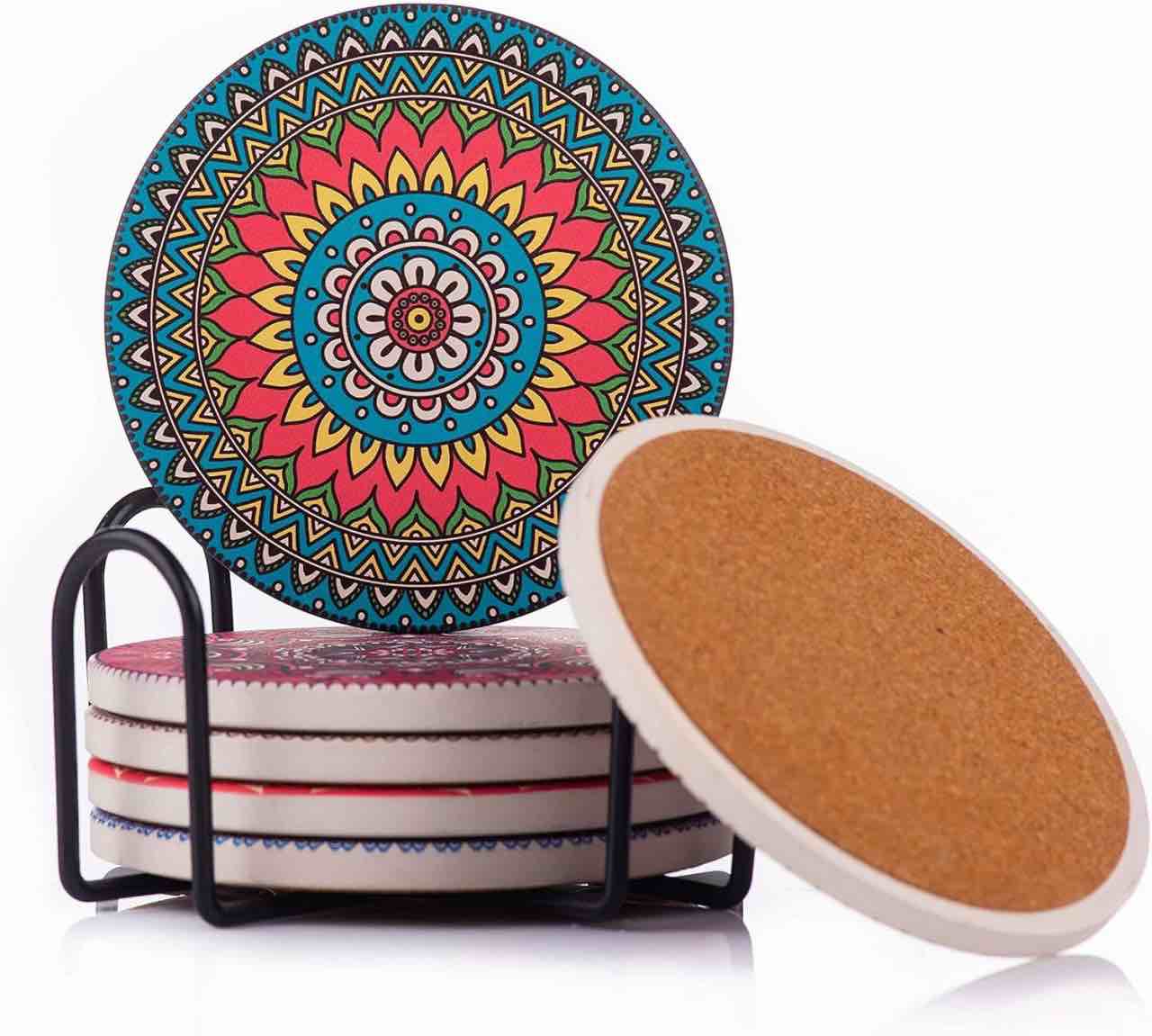 Kjaro Coasters for Wooden Table, Coasters for Drinks Absorbent, Ceramic Coasters with Cork Back, Drink Coasters with Holder, Mandala Coasters, Coaster Set of 6