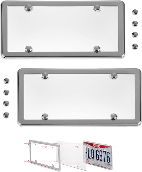 Trunknets Inc 2 Unbreakable Clear License Plate Shield Covers + 2 Chrome Frames