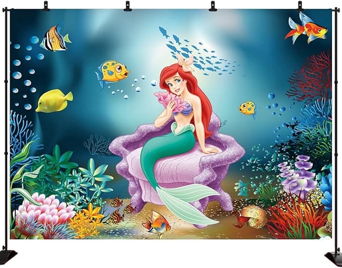 Mermaid Backdrop Birthday Party Background Fairy Tale Under The Sea Little Mermaid on Stone Coral Seaweed Blue Ocean Little Fish Photography Baby Shower Banner Decoration Ace05-5x3ft