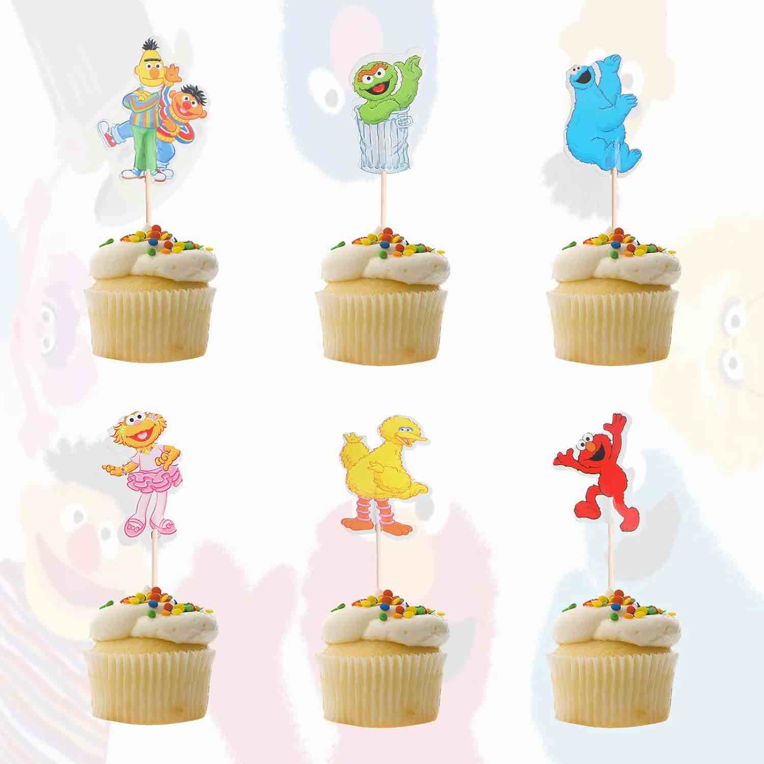 Gihommie 24PCS Sesame Cute Cake Cupcake Toppers,Cartoon Decorations for Boys and Girls Birthday Party Supplies Surprise Gifts