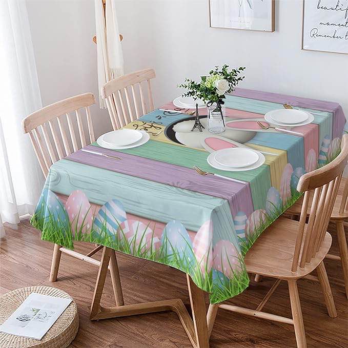 Easter Tablecloths for Rectangle Tables Waterproof Polyester Table Cloth for Dinning Table Cuter Rabbit Colorful Eggs Wood Grain Washable Table Cover for Party/Wedding/Picnic
