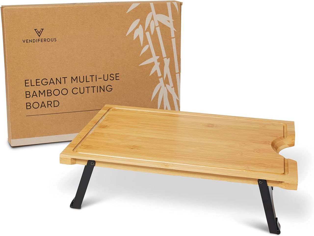 Vendiferous Natural Bamboo Cutting Board - Chopping Tray with Folding Legs - Adjustable Raised Meal Prep Station - Sustainable Lightweight Bamboo