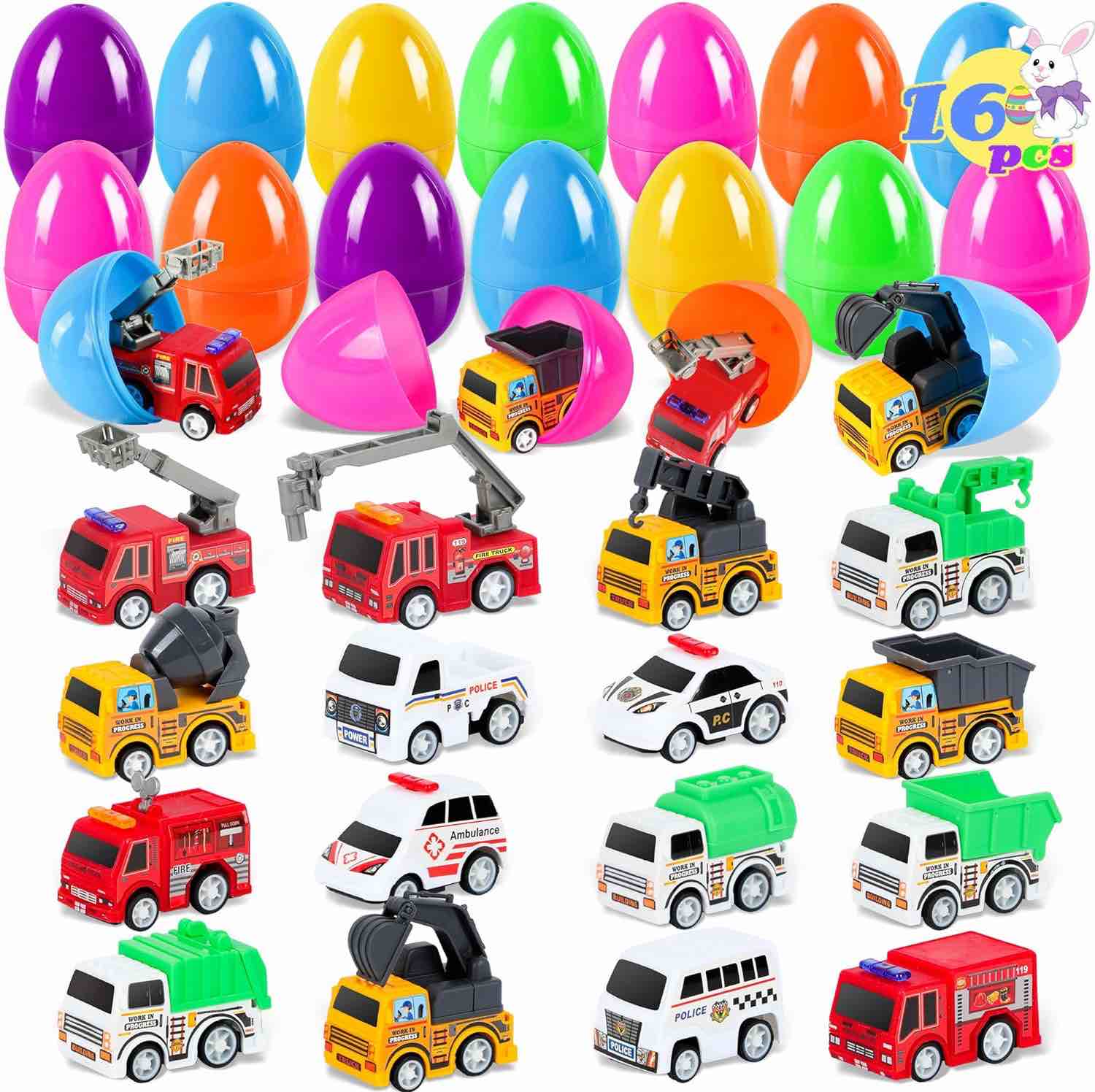 Erweicet 16 PCS Easter Eggs with Pull-Back Vehicles for Kids?Easter Eggs Hunt and Party Favor