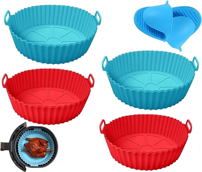 4 Pack Air Fryer Silicone Liners Reusable + Silicone Oven Mitts Pair - Ninja Foodi Air Fryer Liners, Oven Liners, Pot, Tray, or Sheets - (Top 8" & Bottom 6.75") (2-Red & 2-Blue Liners)