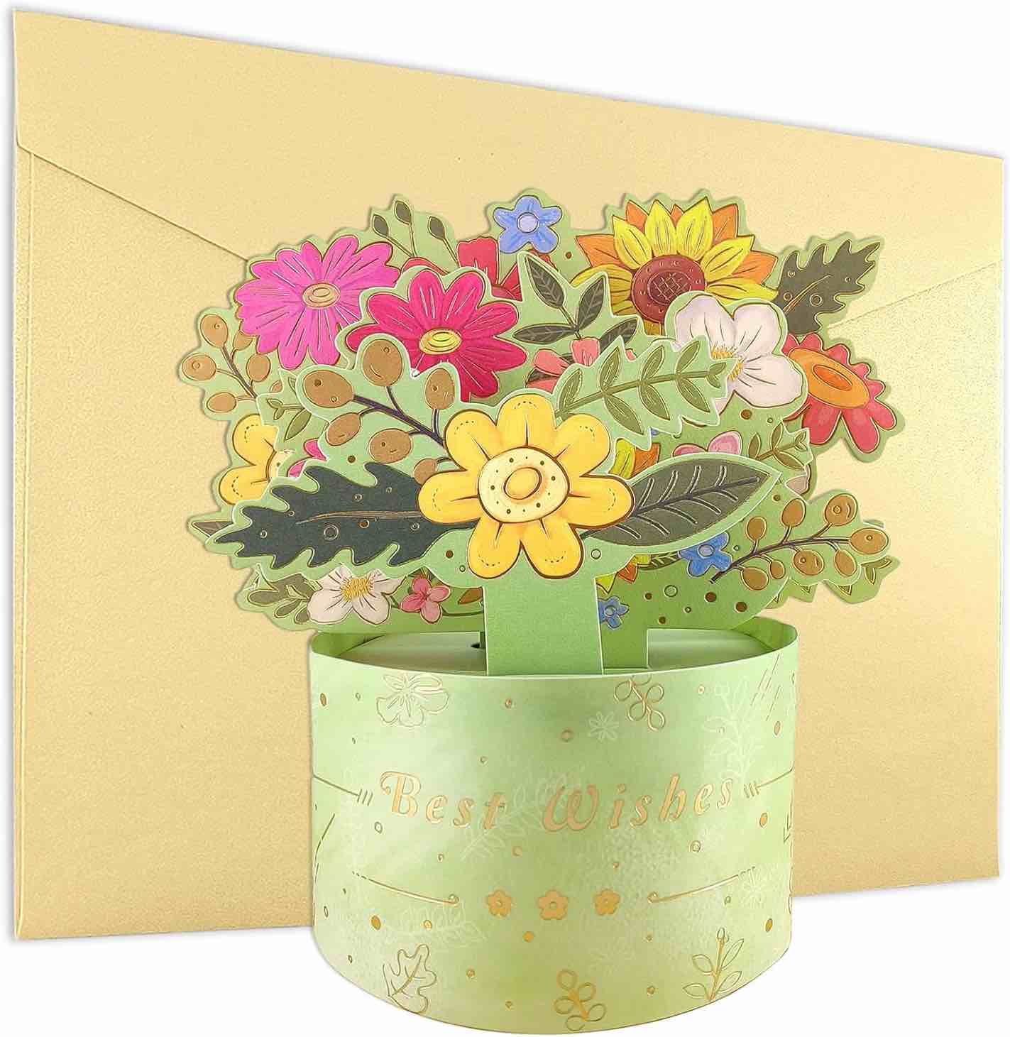 Joechie Beautiful 3D Bouquet Best Wishes Cards, Greeting Cards Men's & Women's Envelopes Sweet Friendship Gift for Friends & Classmates Best Best Wishes Gift for Mom & Dad?Green bouquet ?