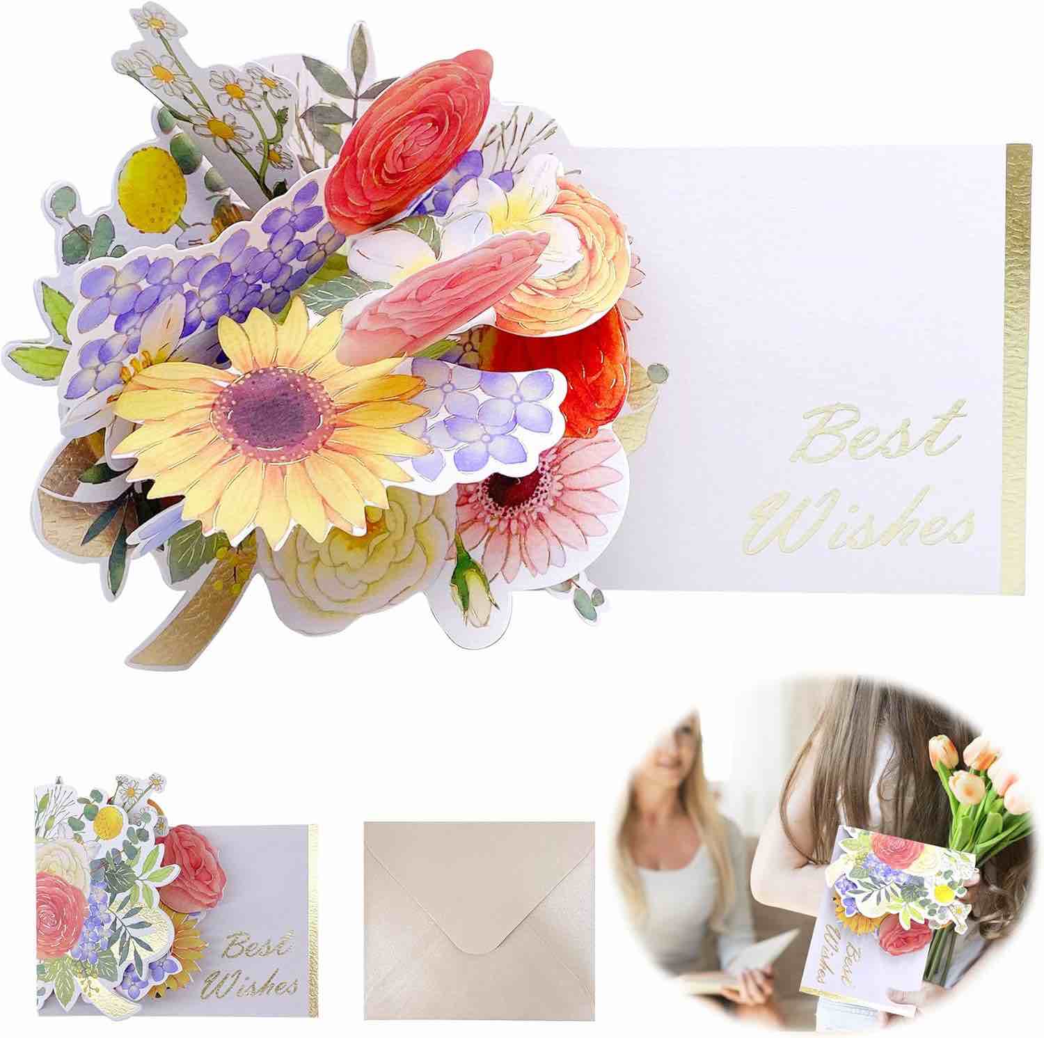 Joechie Beautiful Flowers Greeting Cards for Gracious People, 3D Best Wishes Cards Men's & Women's Envelopes Sweet Friendship Gift for Friends & Classmates Best Best Wishes Gift for Mom & Dad 4