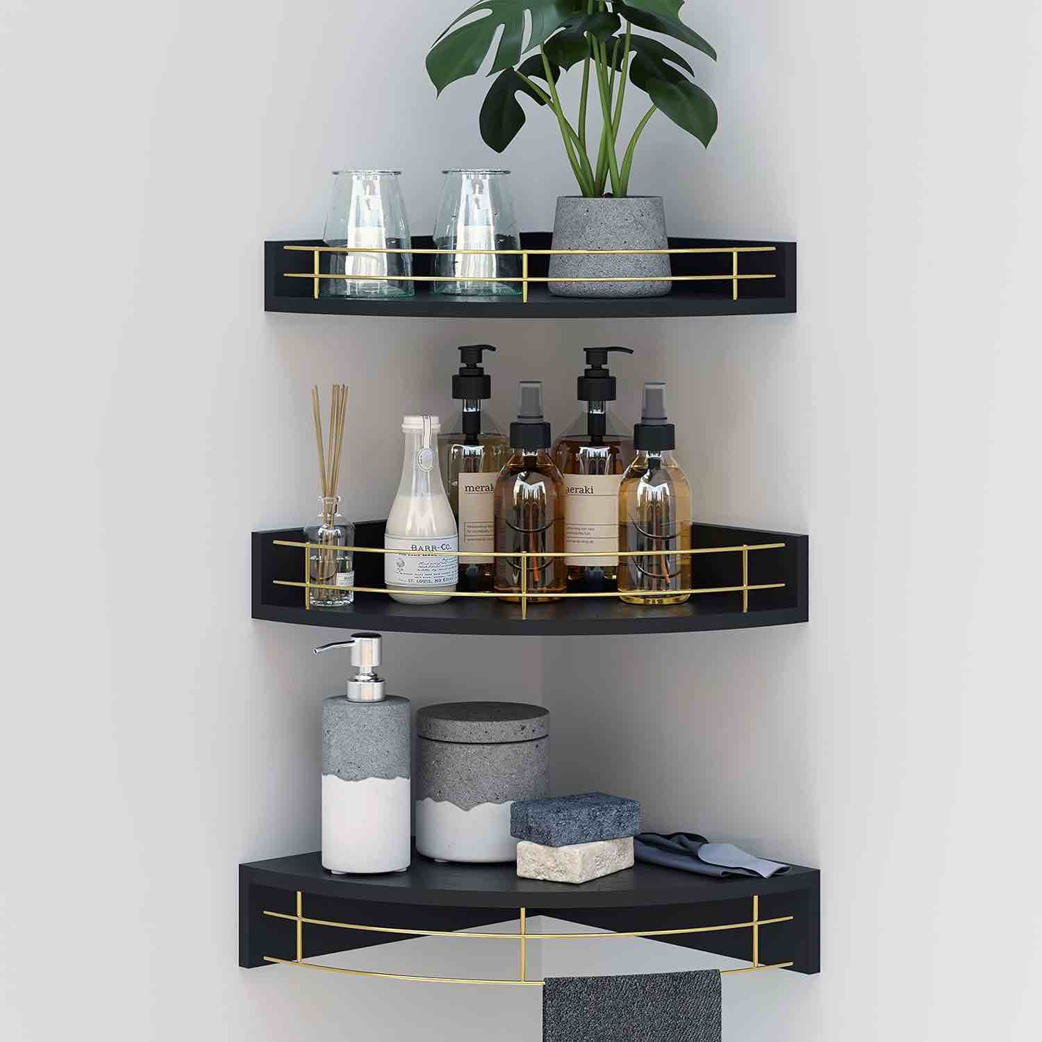 IRON WOOD Floating Corner Wall Shelves – Minimalistic Wall Mounted Corner Shelves for a Classic Interior – Multipurpose Corner Wall Shelves for Bathroom, Kitchen, Living & Bedroom – Superior Decor