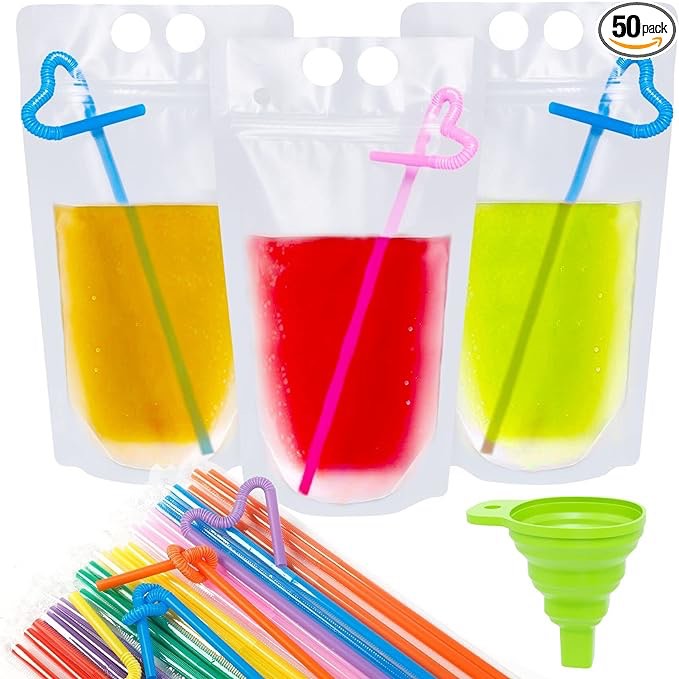 2l.Ouddy 50 Pcs Drink Pouches, Juice Pouches for Adults, Reusable, Reclosable Zipper Smoothie Bags for Cold & Hot Drinks with 50 Straws & Silicone Funnel