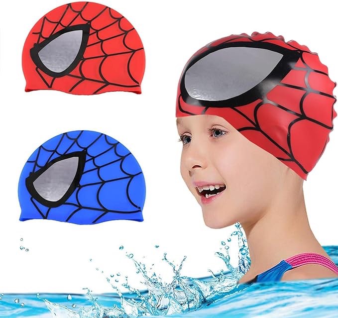 IUTOYYE Swimming Cap 2 Set, Unisex Waterproof Wings Water Sports Hat Pattern Long Hair Hat for Boys Girls Kids Age 3-6