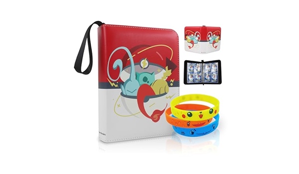 Quest Binders Trading Card Binder Fits 480 Cards – 4 Pocket Trading Card Storage Pocket Portable Card Collector Album Holder Carrying Case for TCG With 3 Bracelets (White & Red, 480 Pockets)