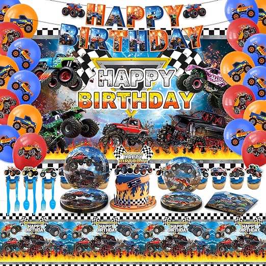 dajiaoche party decartion pack dadajiaoche Monster Truck Birthday Party Supplies, Monster Truck Birthday Decorations include Backdrop, Happy Birthday Banner, Plates,Tablewares Set