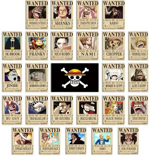 CNMLGB 26 PCS Anime Nika Luffy 3 billion Wanted Bounty Paper Poster Zoro Sanji Nami Usopp Chopper Robin Franky Brook Jinbei 1 PC Flag for Boys Girls Room Decoration (11×8 in)