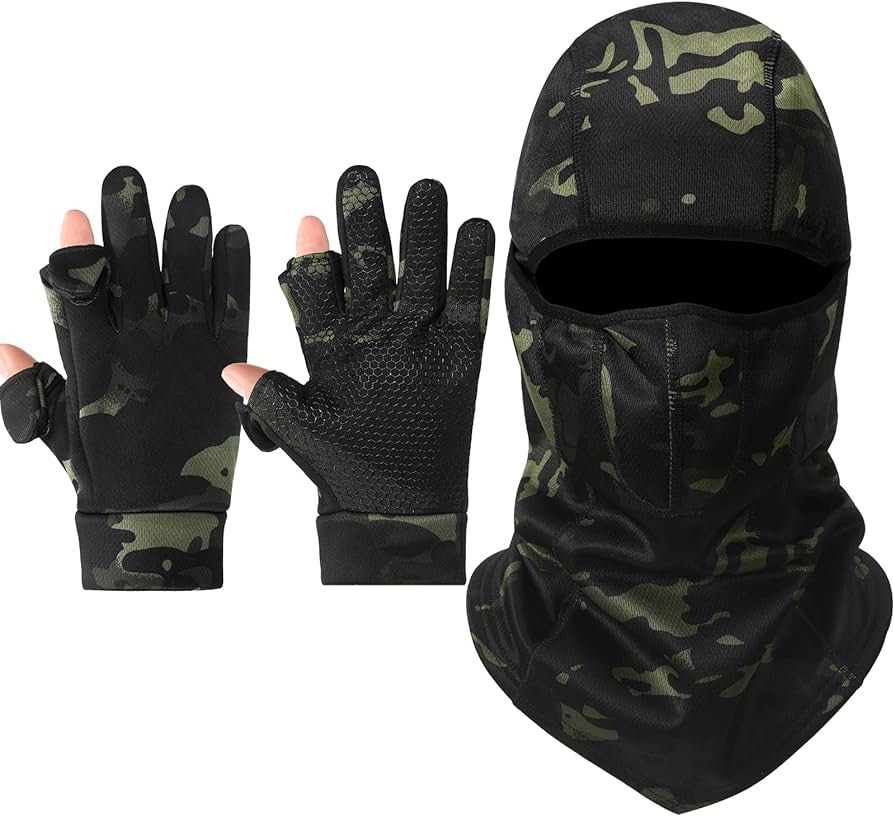 Camo Hunting Gloves for Men Full Face Cover Hunting Mitten Balaclava Anti Slip Full Finger Fingerless Mitten Wind Resistant (Medium)