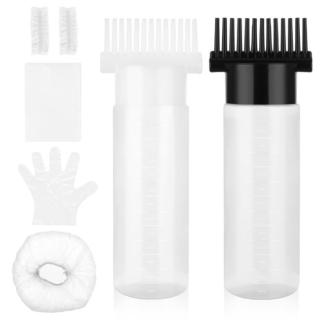 Aster 2 Pcs Hair Oiling Applicator, 6 Ounce Root Comb Applicator Bottle with Gloves, Bibs, Earmuffs, Hoods, Bottle Applicator Brush with Graduated Scale for Hair Dye(Black, White)