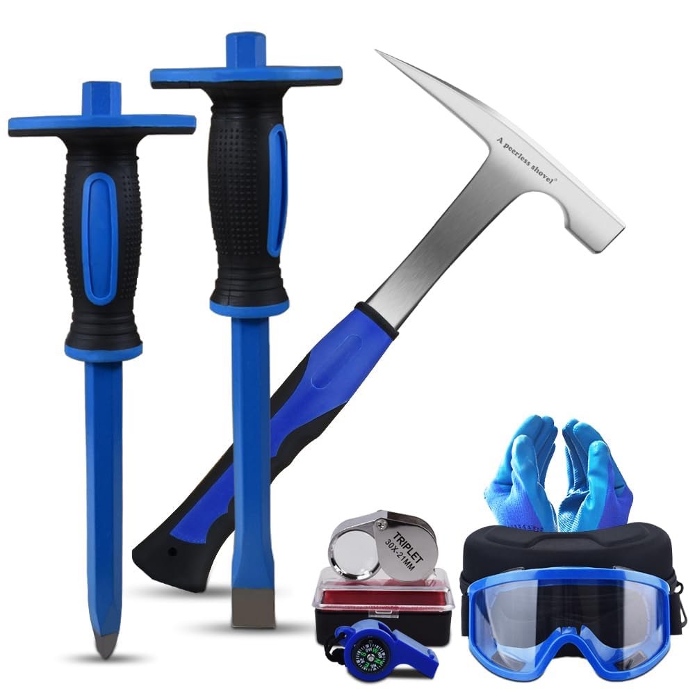 25 PCS Geology Rock Pick Equipment Kit, 28 Oz. Rock Pick Hammer With 12" Mason Chisel, Safety Glasses, Whistle, Jewelers Loupe, Tool Set For Hounding, Gold Mining & Prospecting, Stone Breaking