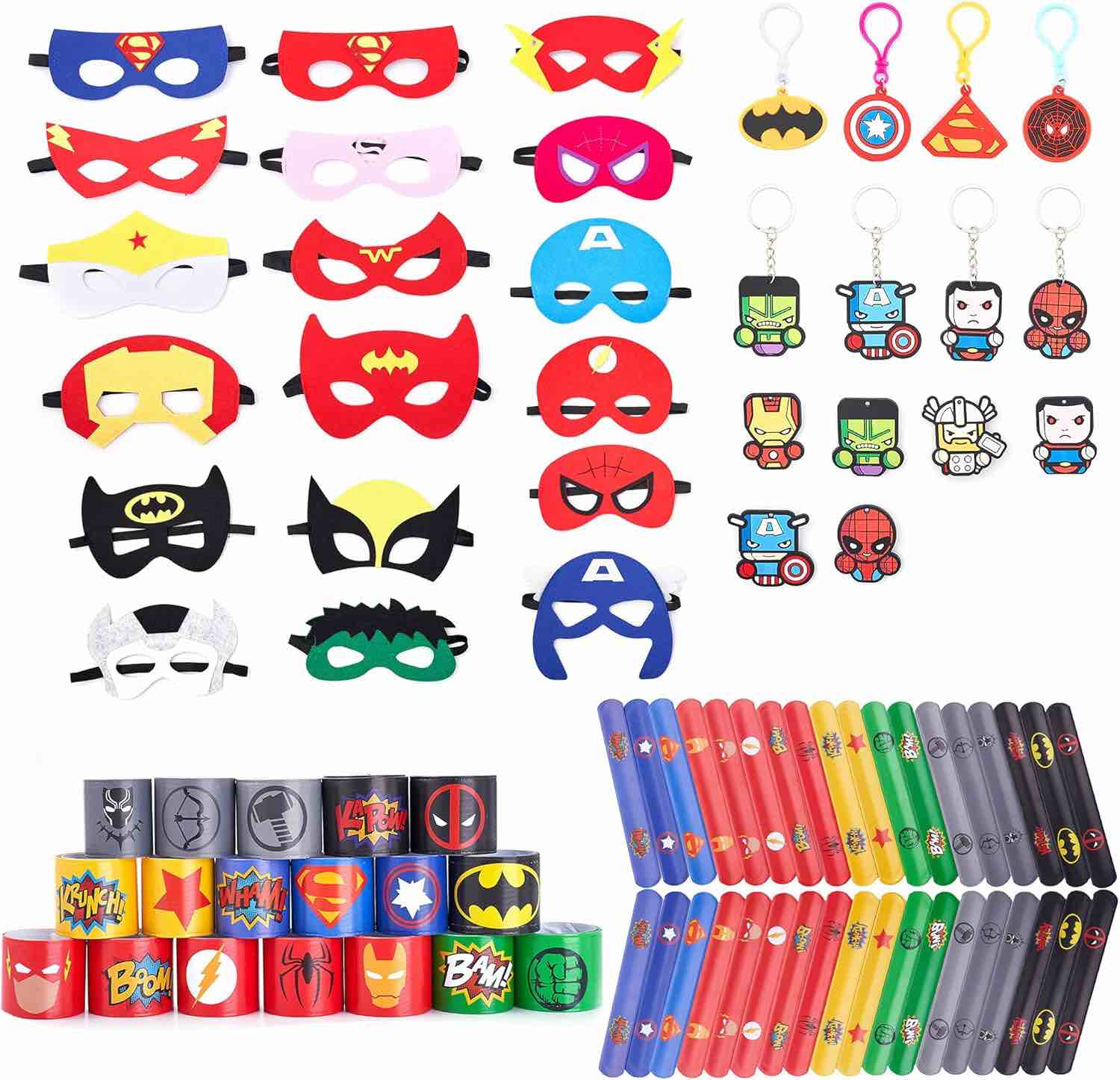 YCCoo 68 pcs Party Articles Superhero Birthday Party Gift Set Includes Party Articles Superhero Masks(18pcs)-Adjustable Size Felt Masks? 8pcs Keyrings 6pcs Pins ?36pcs Superhero Hand Slap Bracelet