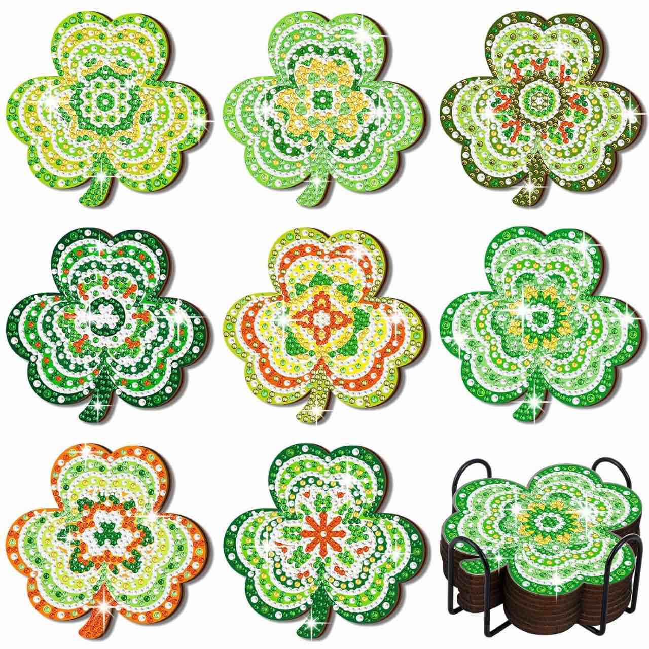 Shellwei 8 Pcs St. Patrick's Day Diamond Art Coasters Shamrock Diamond Painting Coasters with Holder Diamond Painting Kit Diamond Coasters for Beginner Adults Kids DIY Crafts Gift