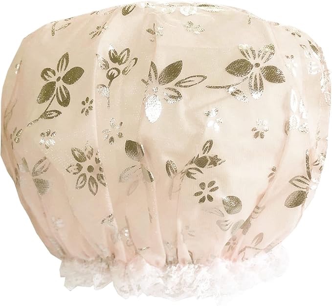 Shower Cap,Double Layer Waterproof Lace Hair Cap Reusable Plastic Elastic Bathing For Spa, Home, Hotel and Hair Salon (Butterfly Beige)