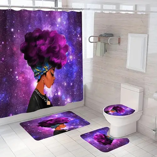 Black African Girl Bathroom Sets with Shower Curtain and Rugs?African American Shower Curtains for Bathroom, Shower Curtain Set with Hooks and Toilet Lid Cover(Red)