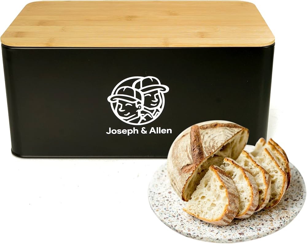 Baking & Beyond Bread Box with Bamboo Cutting Board Lid, Space-Saving Bread Box for Kitchen Countertop, Bread Storage Container Holder, Bread Keeper Bin-Fresh Loaves (13Lx7.09Wx5.90H Inches, Black)